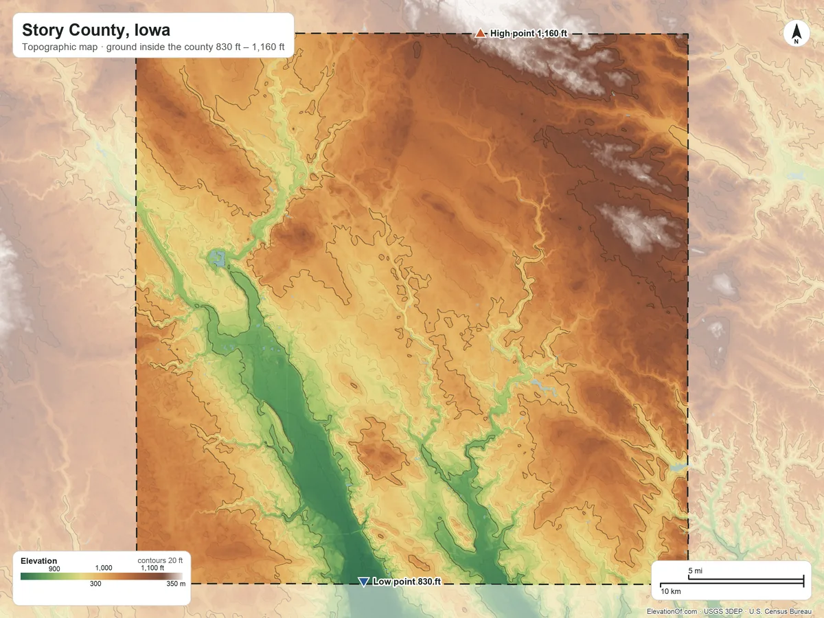 Topographic elevation map of Story County, Iowa, shaded from 830 ft on the south side to 1,160 ft on the north side