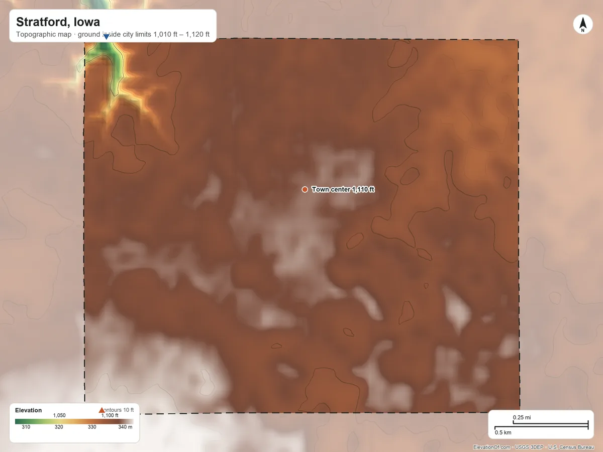 Topographic elevation map of Stratford, Iowa, shaded from 1,010 ft on the northwest side to 1,120 ft on the southwest side
