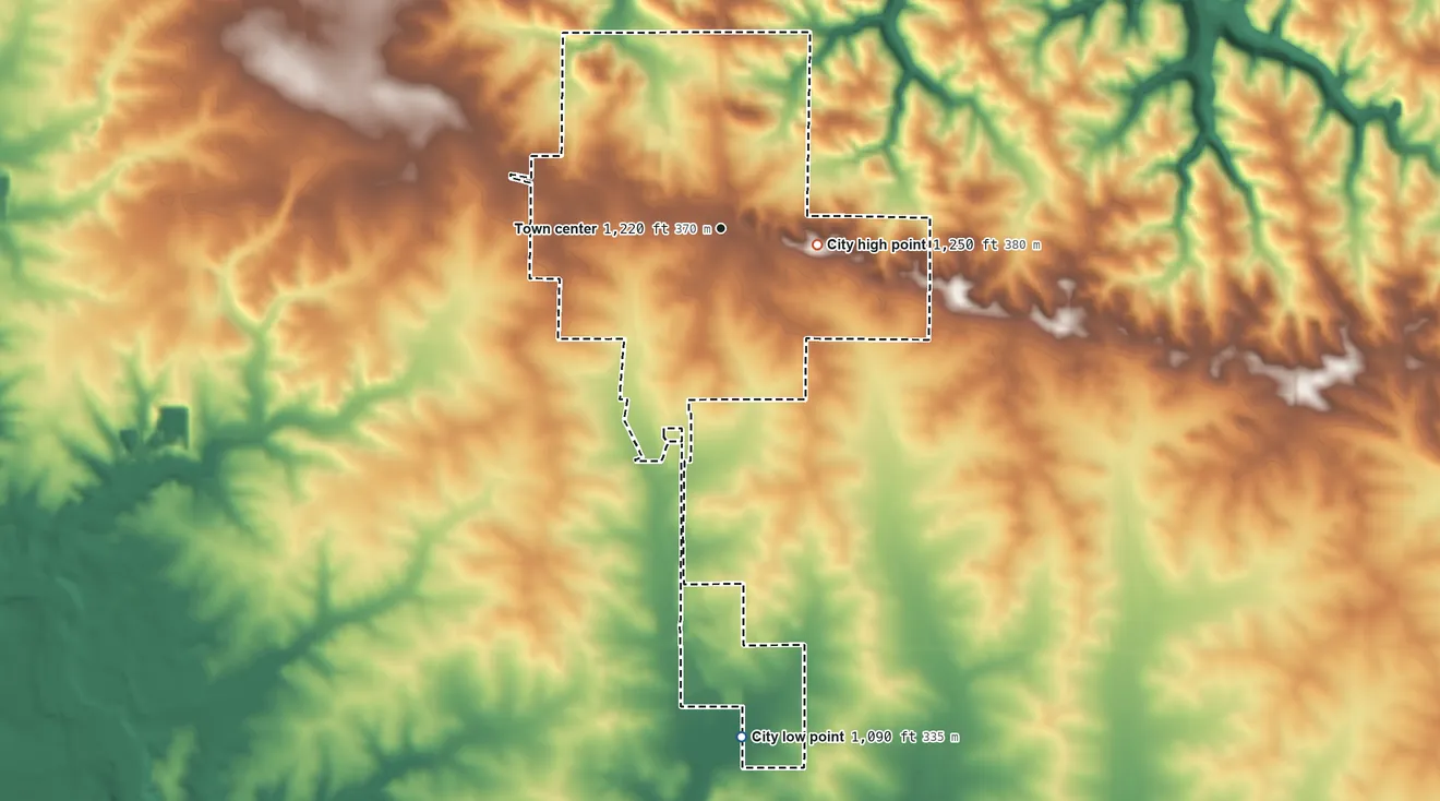 Topographic elevation map of Strawberry Point, Iowa, shaded from 1,090 ft on the south side to 1,250 ft on the east side