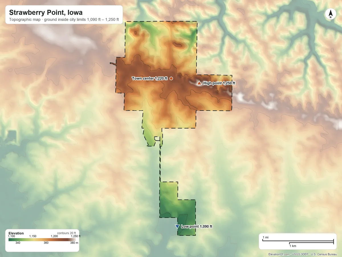 Topographic elevation map of Strawberry Point, Iowa, shaded from 1,090 ft on the south side to 1,250 ft on the east side