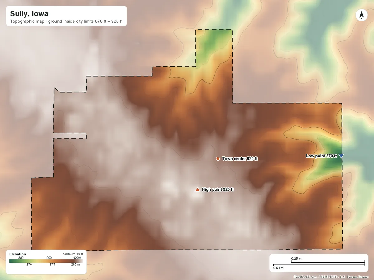 Topographic elevation map of Sully, Iowa, shaded from 870 ft on the east side to 920 ft near the middle