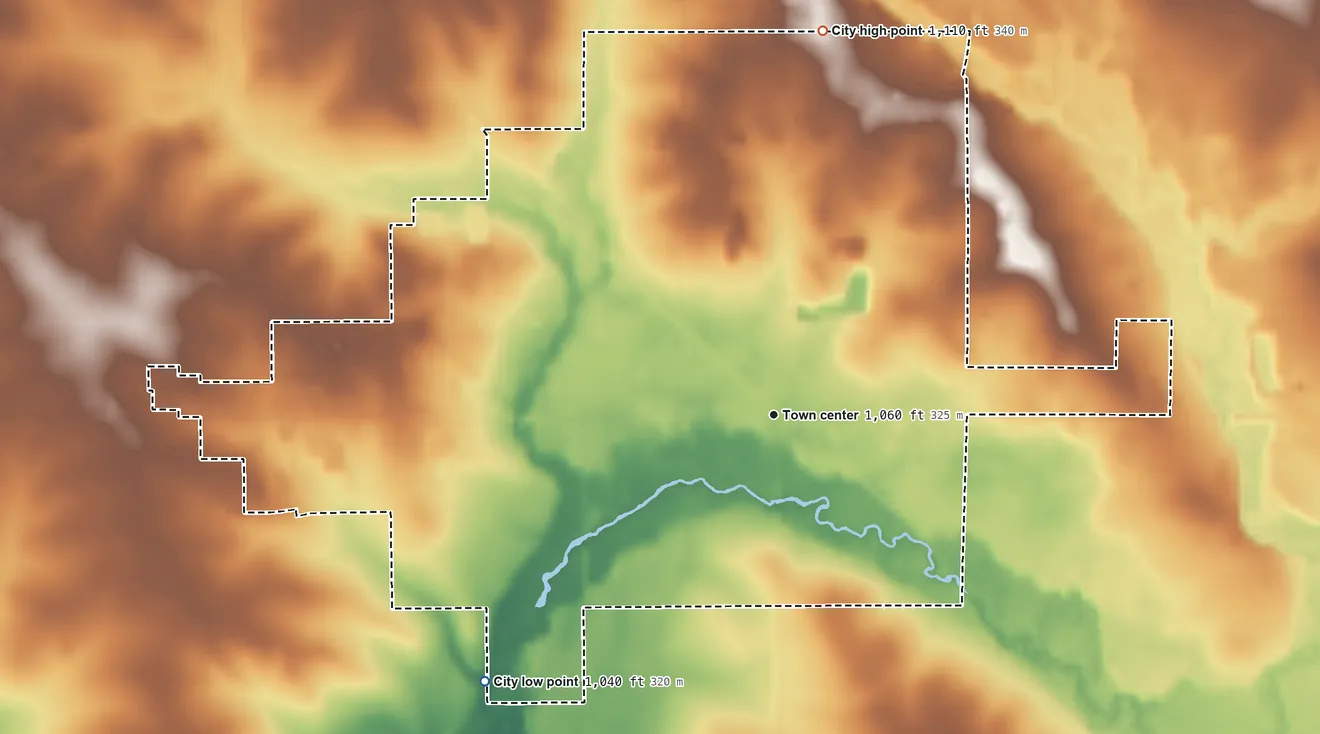 Topographic elevation map of Sumner, Iowa, shaded from 1,040 ft on the southwest side to 1,110 ft on the north side
