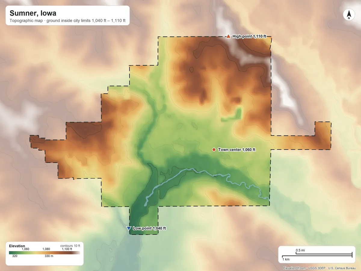 Topographic elevation map of Sumner, Iowa, shaded from 1,040 ft on the southwest side to 1,110 ft on the north side