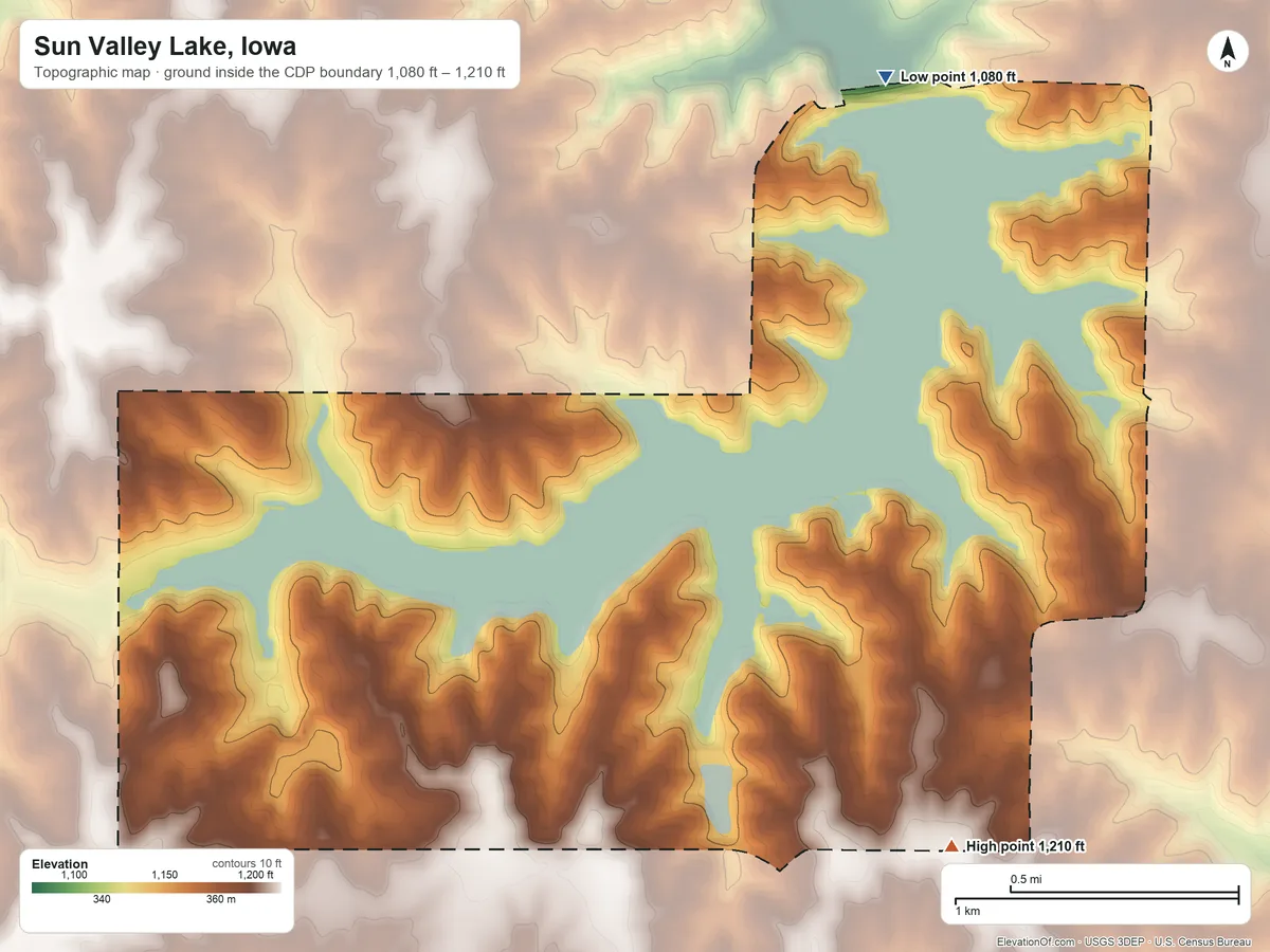 Topographic elevation map of Sun Valley Lake, Iowa, shaded from 1,080 ft on the north side to 1,210 ft on the south side