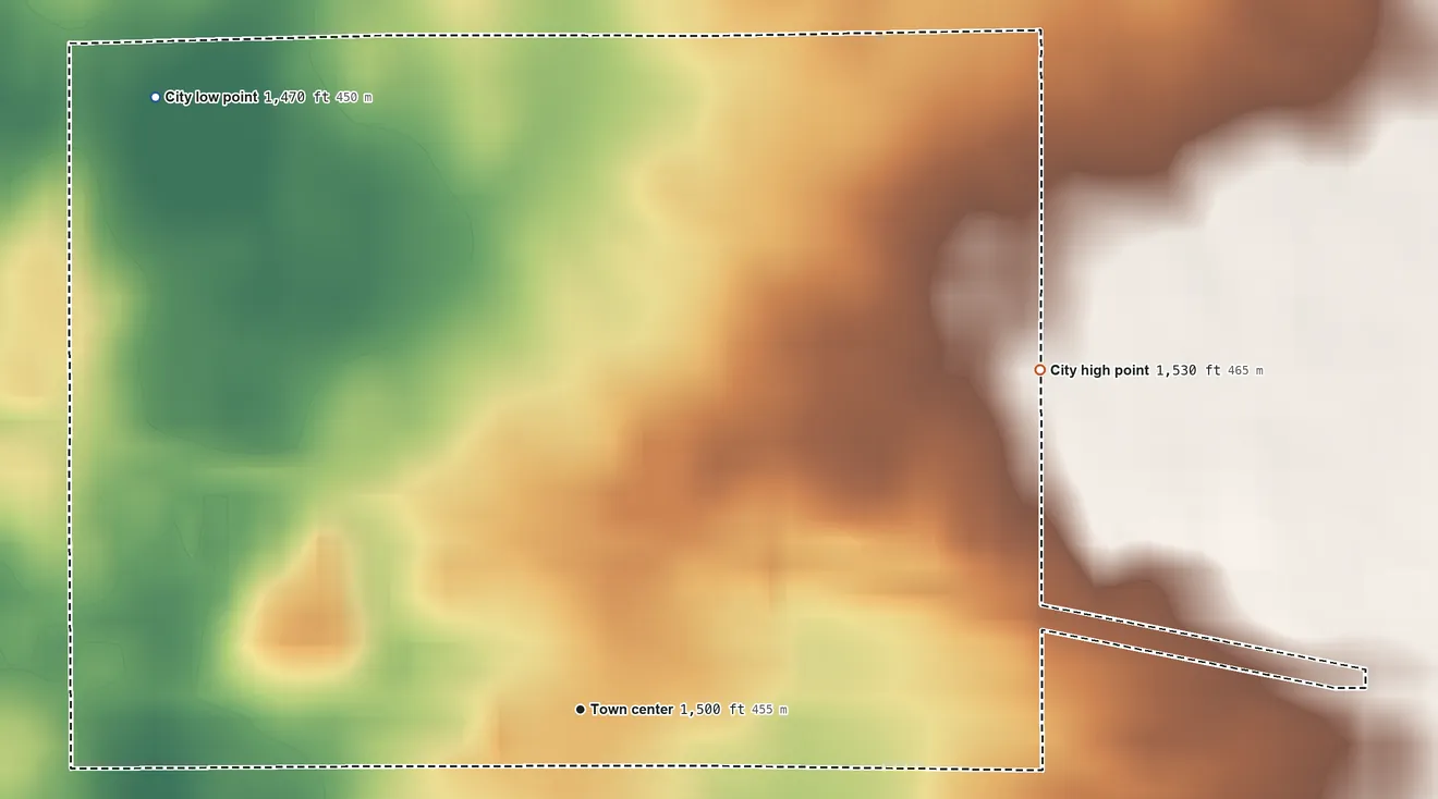 Topographic elevation map of Superior, Iowa, shaded from 1,470 ft on the northwest side to 1,530 ft on the northeast side