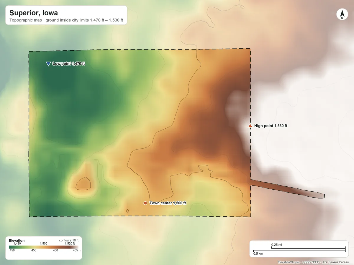 Topographic elevation map of Superior, Iowa, shaded from 1,470 ft on the northwest side to 1,530 ft on the northeast side