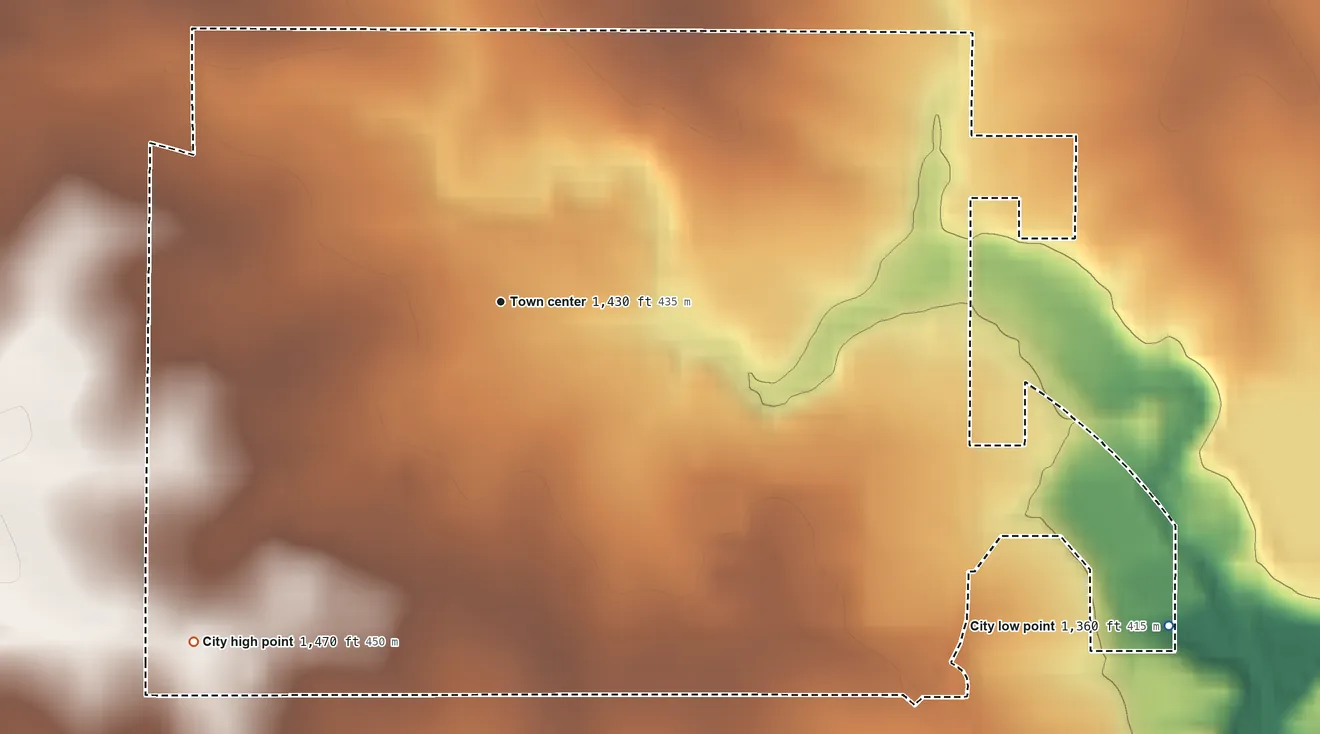 Topographic elevation map of Sutherland, Iowa, shaded from 1,360 ft on the southeast side to 1,470 ft on the southwest side