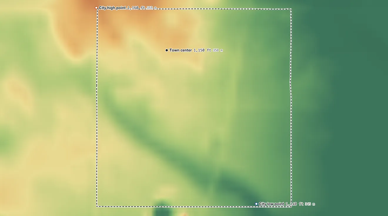 Topographic elevation map of Swaledale, Iowa, shaded from 1,140 ft on the southeast side to 1,160 ft on the northwest side