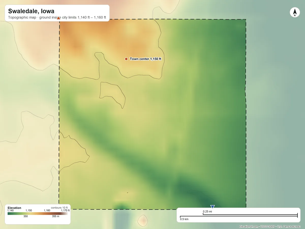 Topographic elevation map of Swaledale, Iowa, shaded from 1,140 ft on the southeast side to 1,160 ft on the northwest side