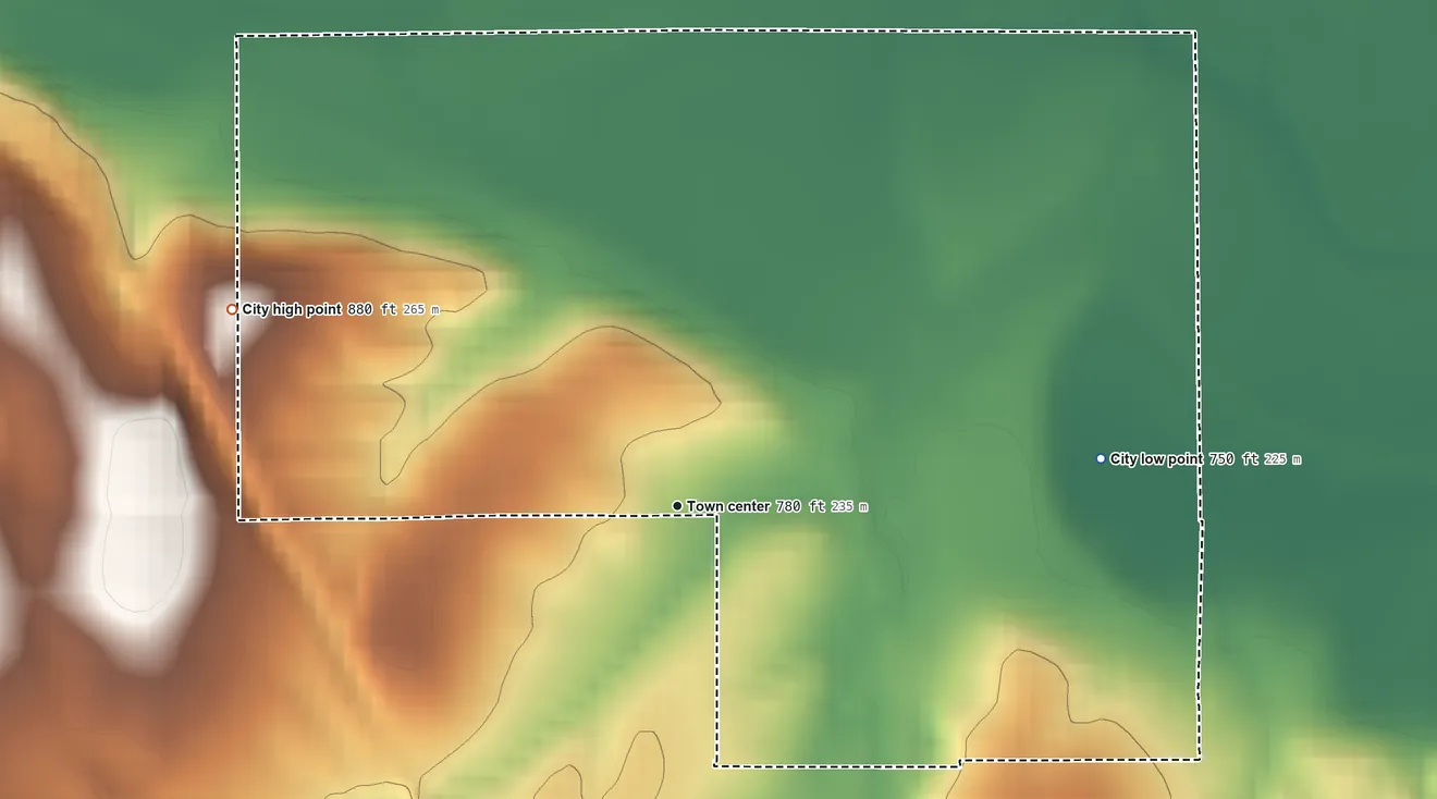 Topographic elevation map of Swan, Iowa, shaded from 750 ft on the east side to 880 ft on the northwest side