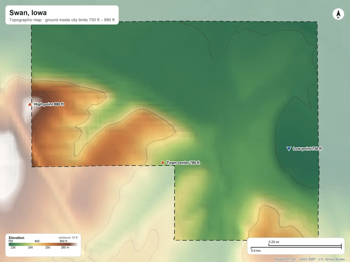 Topographic elevation map of Swan, Iowa, shaded from 750 ft on the east side to 880 ft on the northwest side