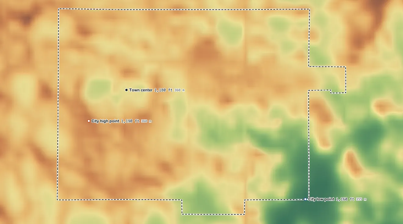 Topographic elevation map of Swea City, Iowa, shaded from 1,160 ft on the southeast side to 1,190 ft on the southwest side