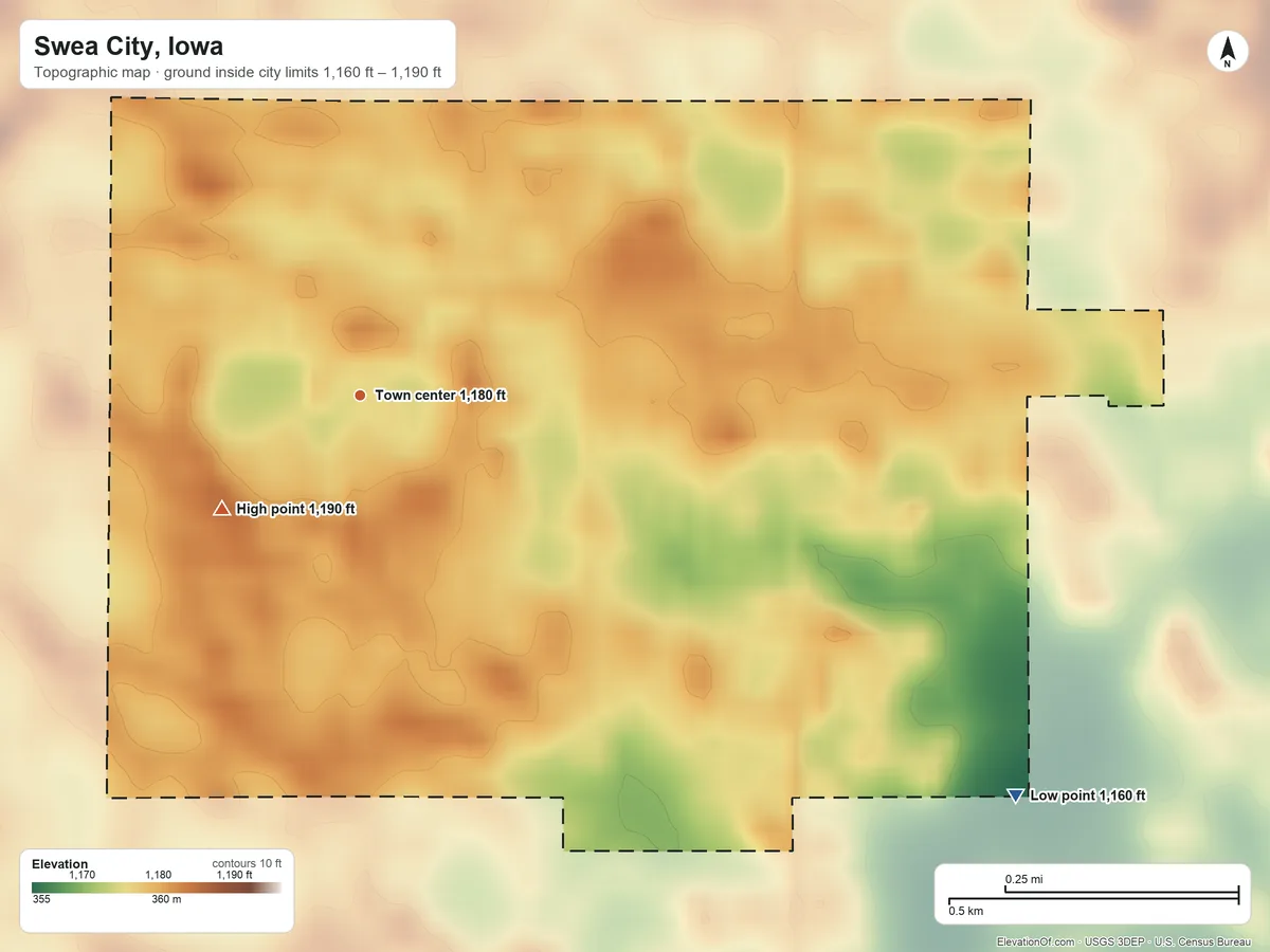 Topographic elevation map of Swea City, Iowa, shaded from 1,160 ft on the southeast side to 1,190 ft on the southwest side