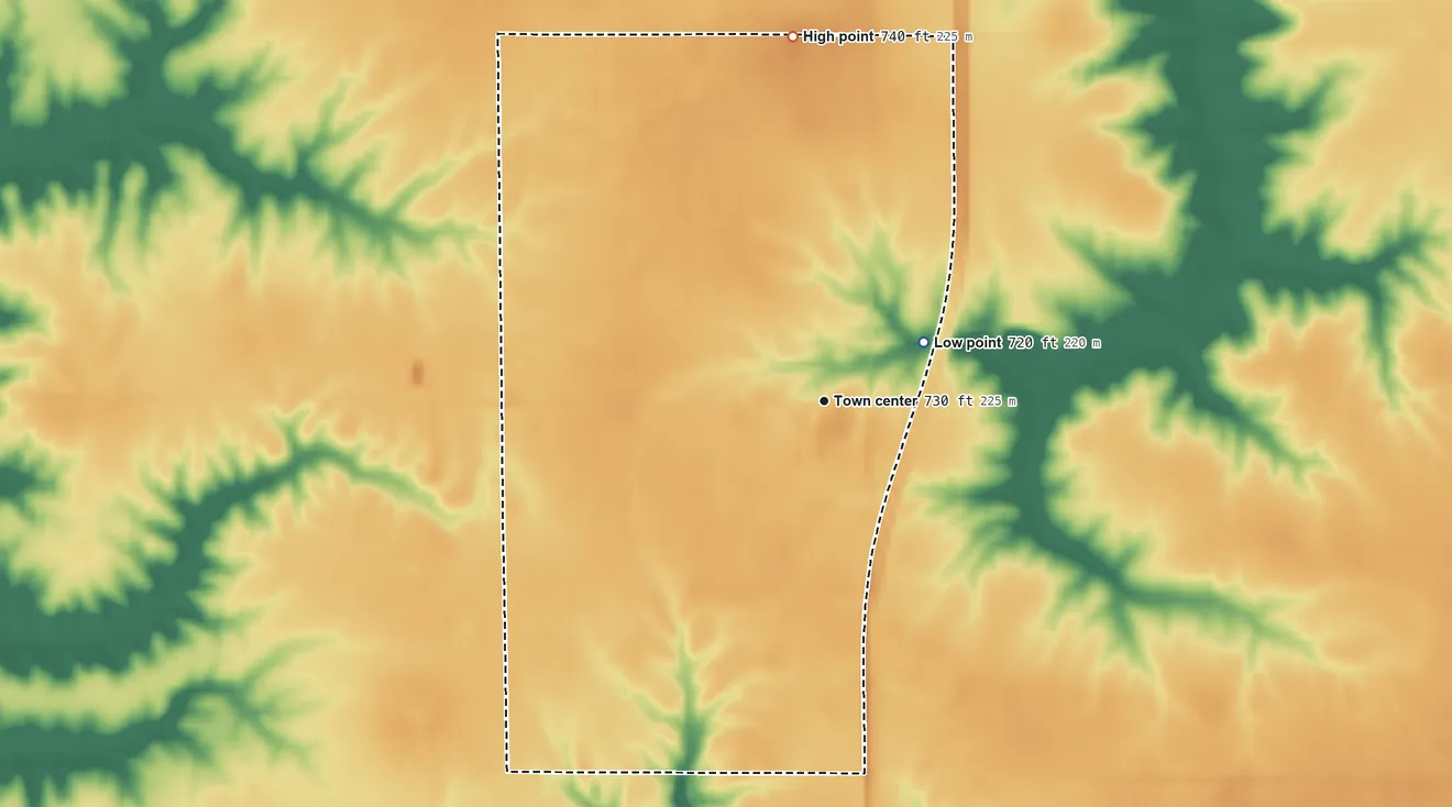 Topographic elevation map of Swedesburg, Iowa, shaded from 720 ft on the northeast side to 740 ft on the north side