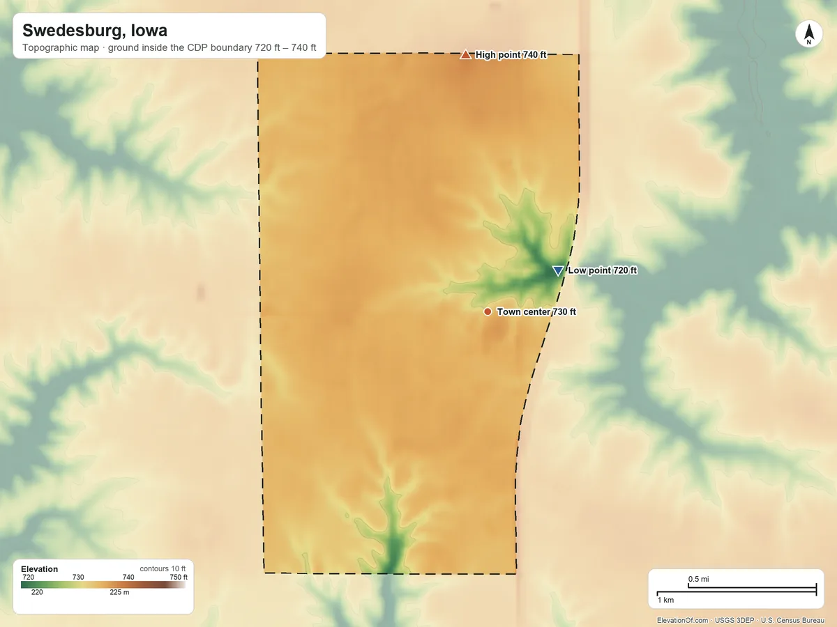 Topographic elevation map of Swedesburg, Iowa, shaded from 720 ft on the northeast side to 740 ft on the north side