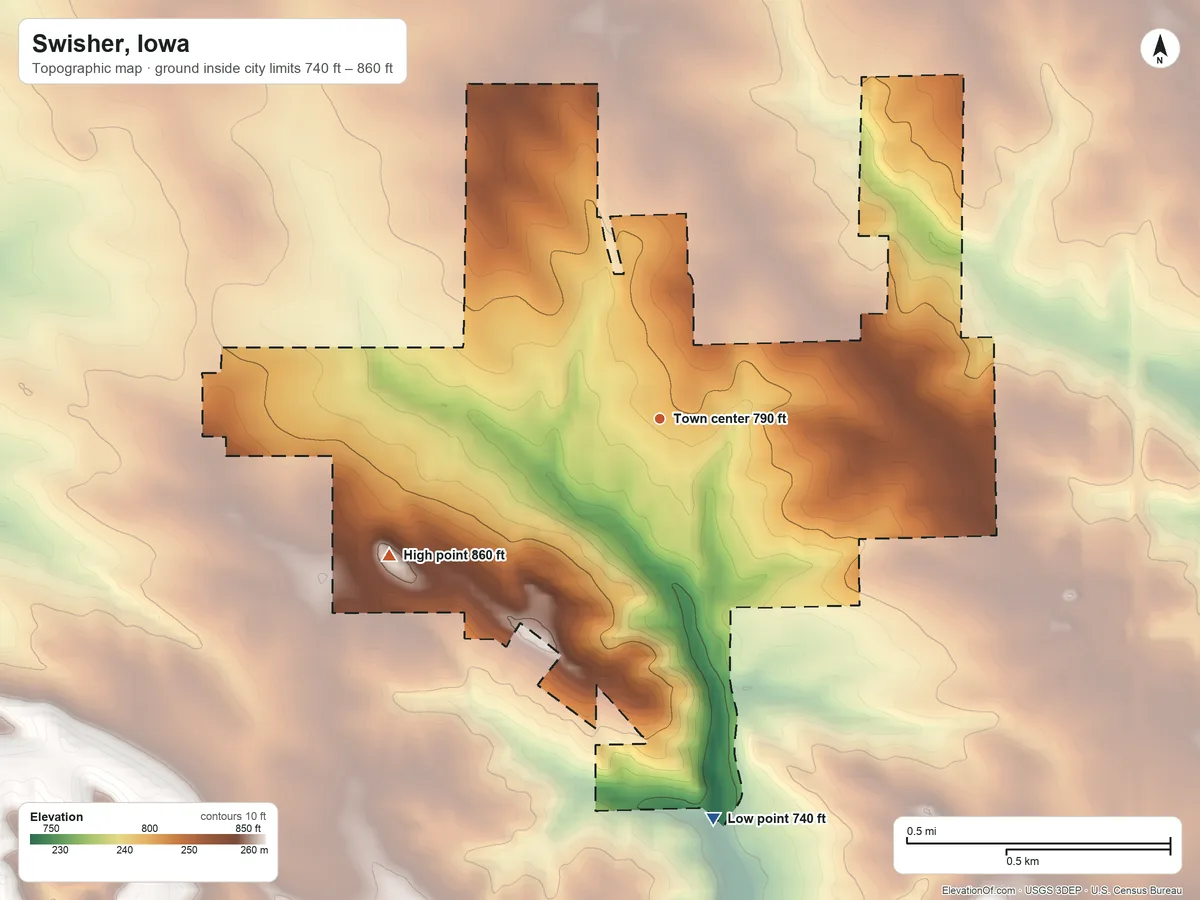 Topographic elevation map of Swisher, Iowa, shaded from 740 ft on the south side to 860 ft on the southwest side