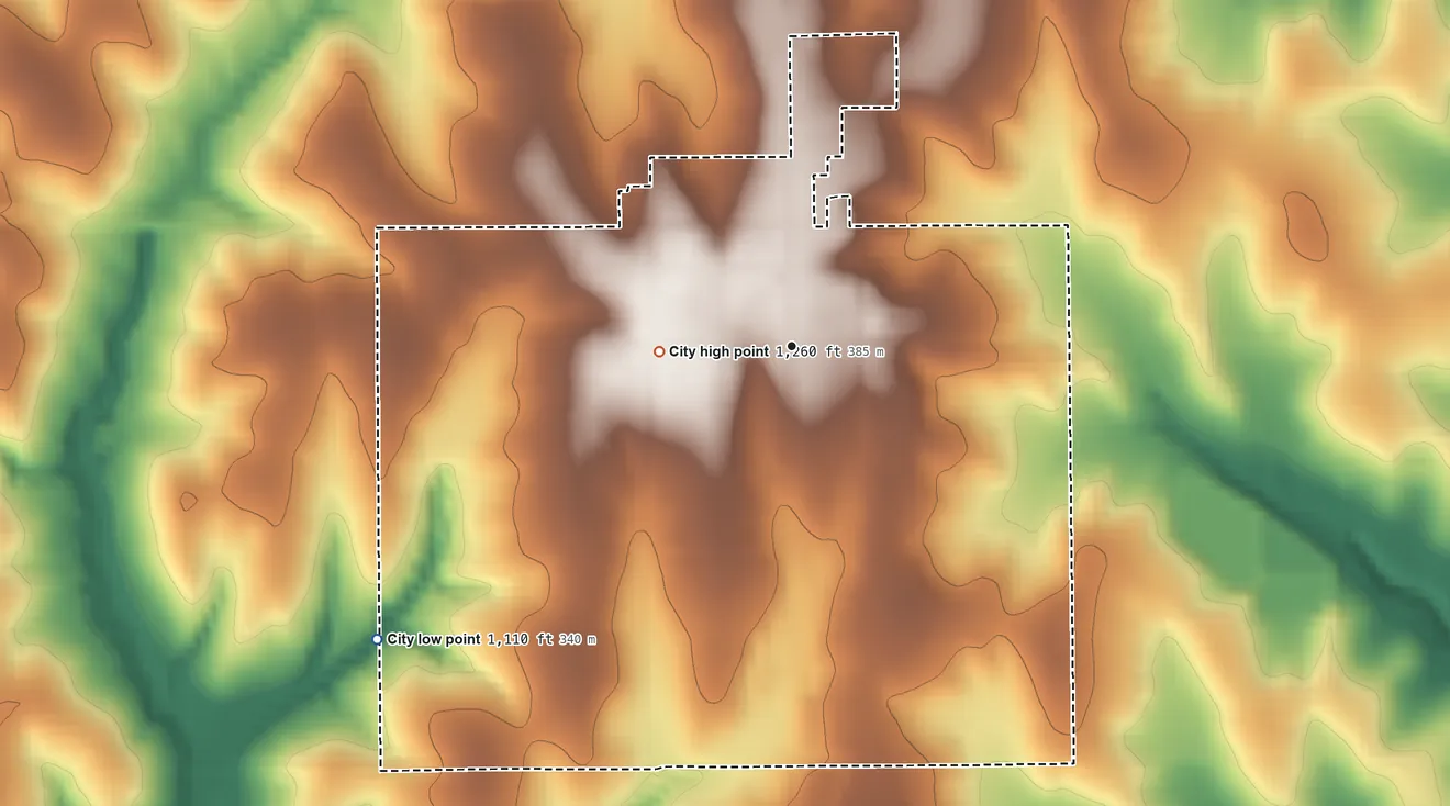 Topographic elevation map of Tabor, Iowa, shaded from 1,110 ft on the southwest side to 1,260 ft on the west side