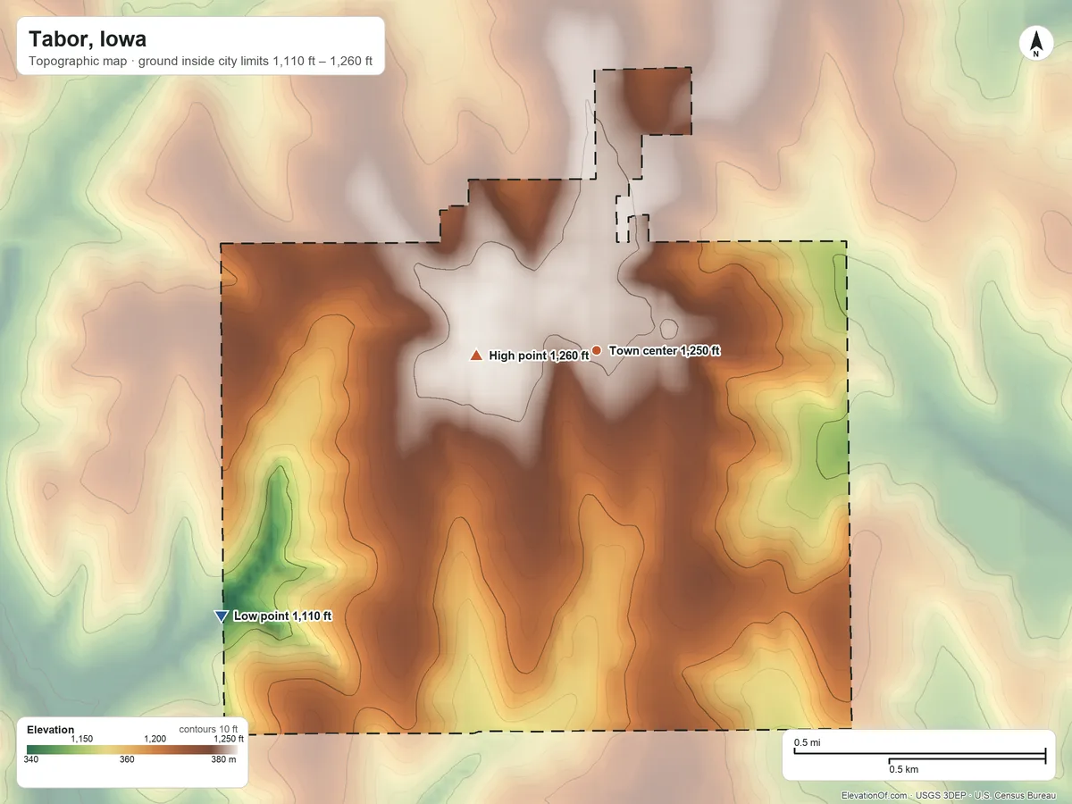 Topographic elevation map of Tabor, Iowa, shaded from 1,110 ft on the southwest side to 1,260 ft on the west side