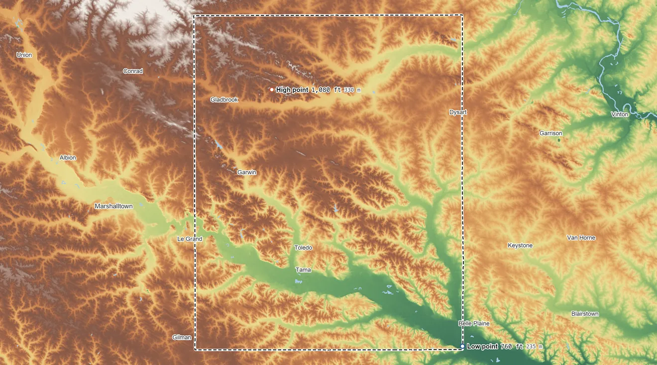 Topographic elevation map of Tama County, Iowa, shaded from 760 ft on the southeast side to 1,080 ft on the northwest side