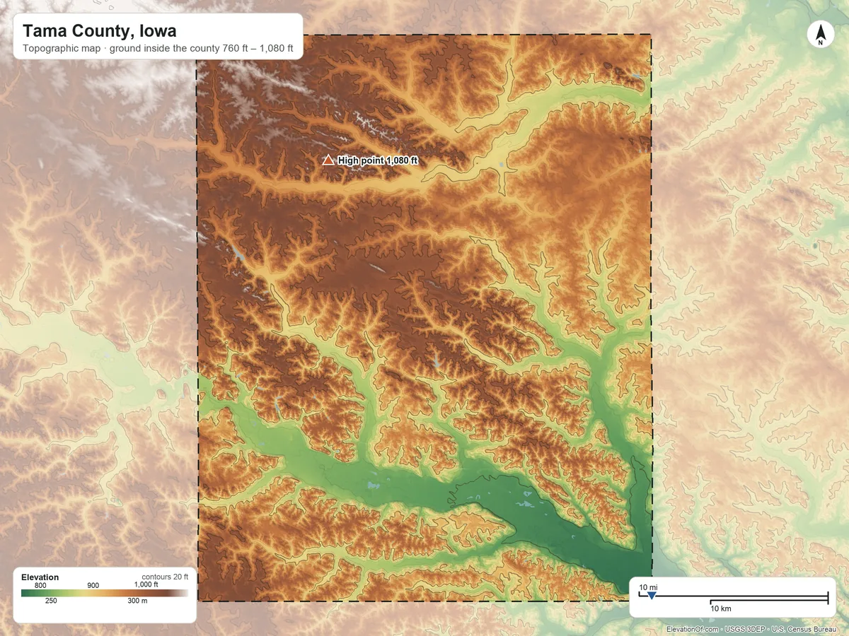 Topographic elevation map of Tama County, Iowa, shaded from 760 ft on the southeast side to 1,080 ft on the northwest side