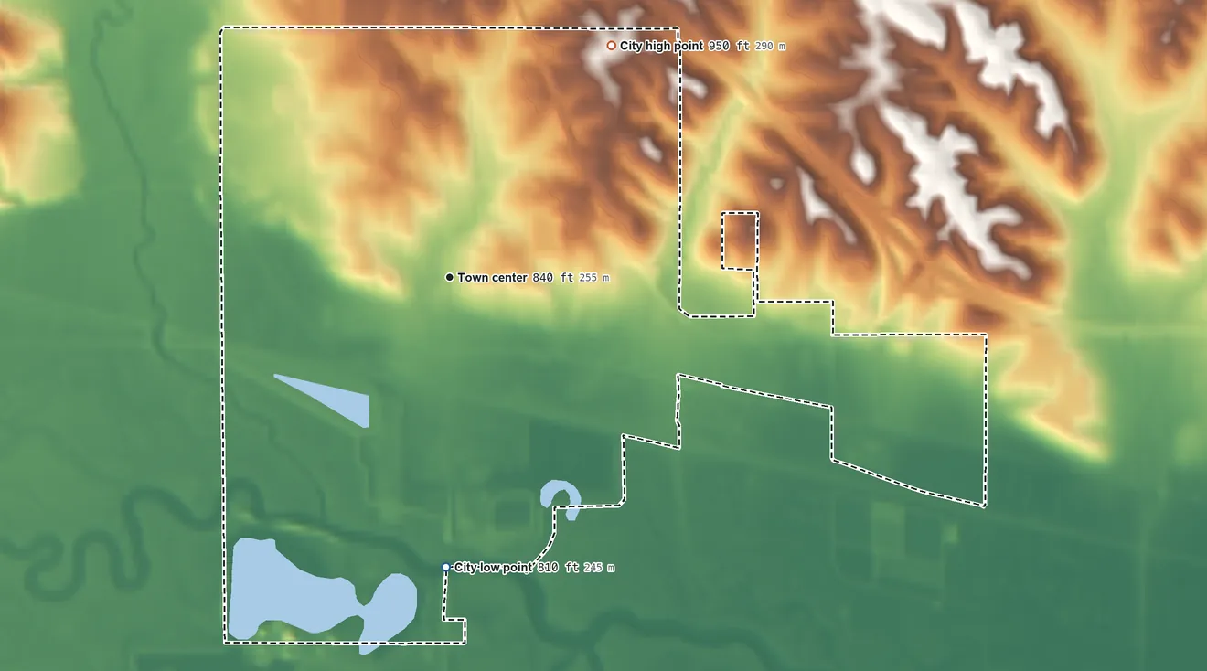 Topographic elevation map of Tama, Iowa, shaded from 810 ft on the south side to 950 ft on the northeast side