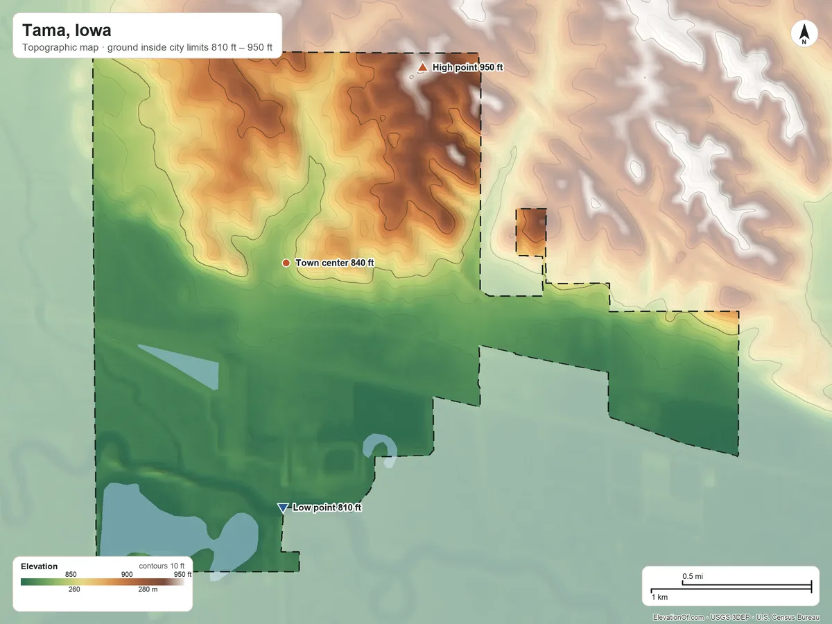 Topographic elevation map of Tama, Iowa, shaded from 810 ft on the south side to 950 ft on the northeast side