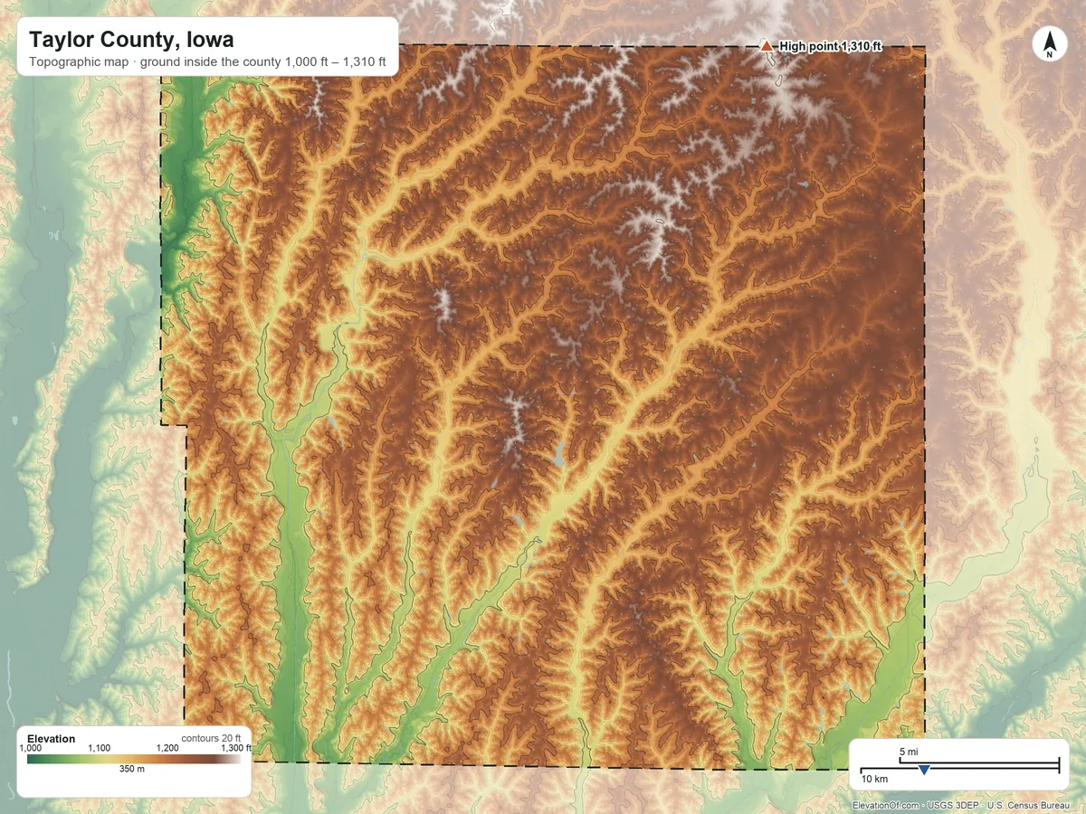 Topographic elevation map of Taylor County, Iowa, shaded from 1,000 ft on the southeast side to 1,310 ft on the northeast side