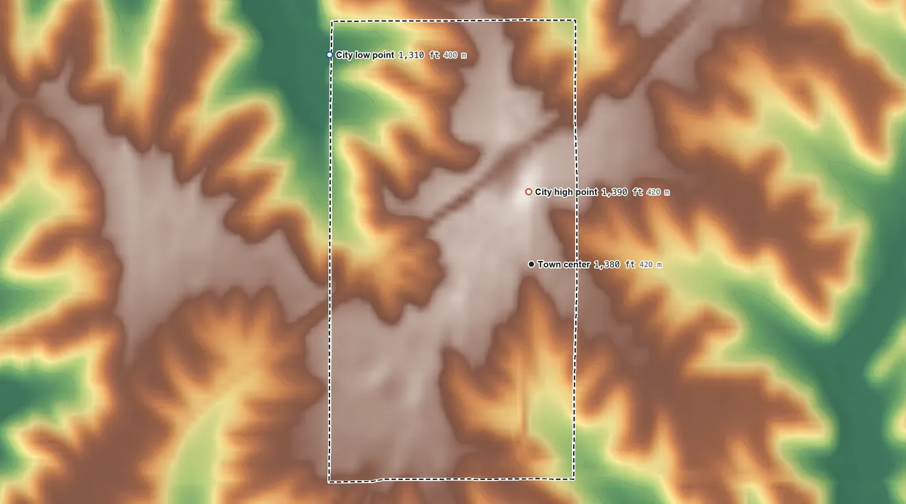 Topographic elevation map of Tennant, Iowa, shaded from 1,310 ft on the northwest side to 1,390 ft on the north side