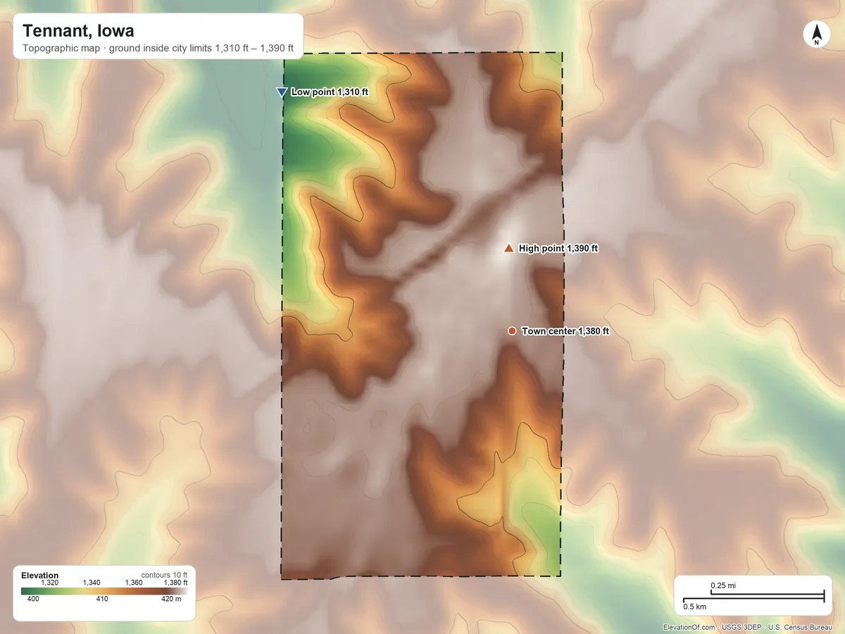 Topographic elevation map of Tennant, Iowa, shaded from 1,310 ft on the northwest side to 1,390 ft on the north side