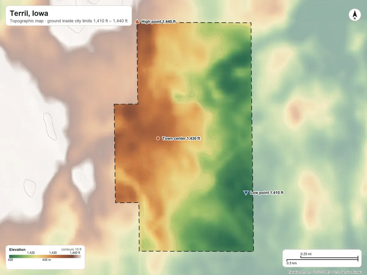 Topographic elevation map of Terril, Iowa, shaded from 1,410 ft on the southeast side to 1,440 ft on the north side