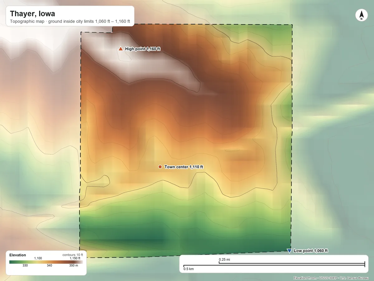 Topographic elevation map of Thayer, Iowa, shaded from 1,060 ft on the southeast side to 1,160 ft on the north side