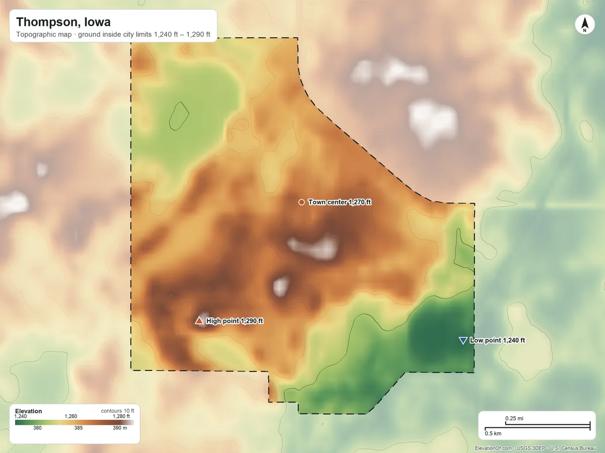 Topographic elevation map of Thompson, Iowa, shaded from 1,240 ft on the southeast side to 1,290 ft on the southwest side