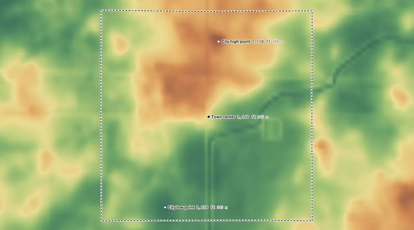 Topographic elevation map of Thor, Iowa, shaded from 1,130 ft on the southwest side to 1,150 ft on the north side