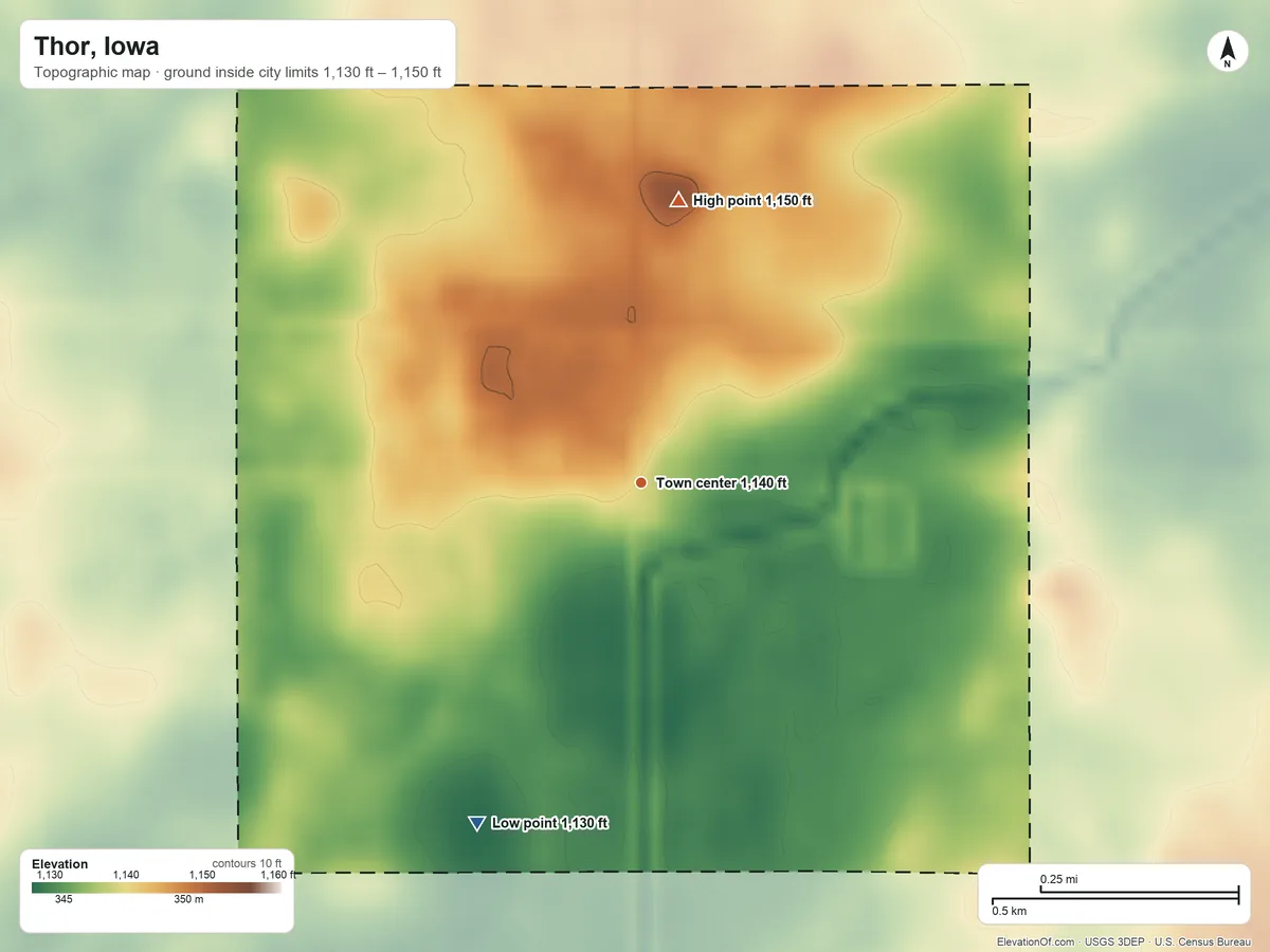 Topographic elevation map of Thor, Iowa, shaded from 1,130 ft on the southwest side to 1,150 ft on the north side