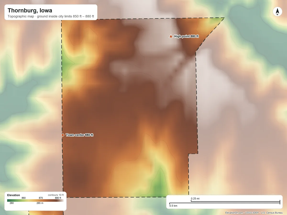 Topographic elevation map of Thornburg, Iowa, shaded from 850 ft on the south side to 880 ft on the northeast side