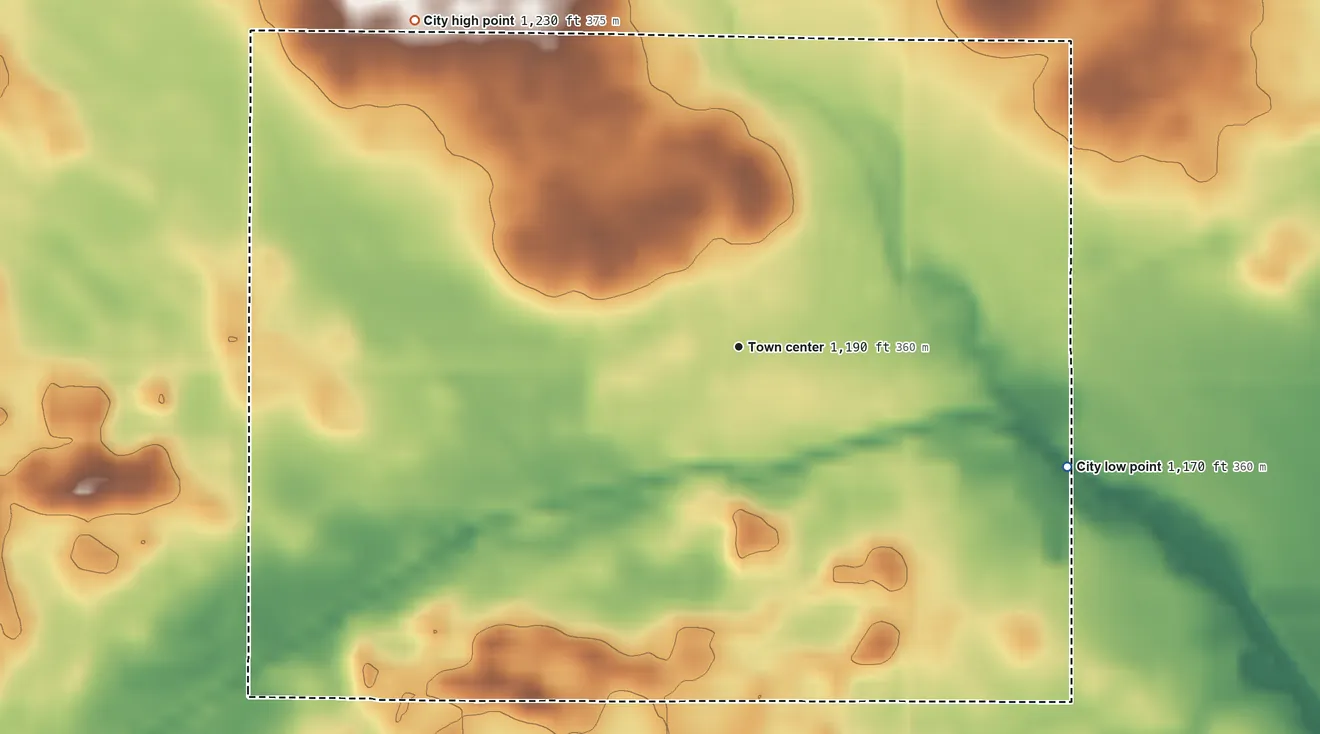 Topographic elevation map of Thornton, Iowa, shaded from 1,170 ft on the east side to 1,230 ft on the northwest side