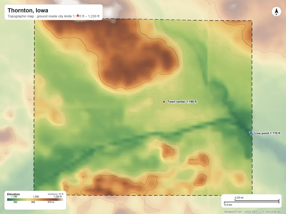Topographic elevation map of Thornton, Iowa, shaded from 1,170 ft on the east side to 1,230 ft on the northwest side
