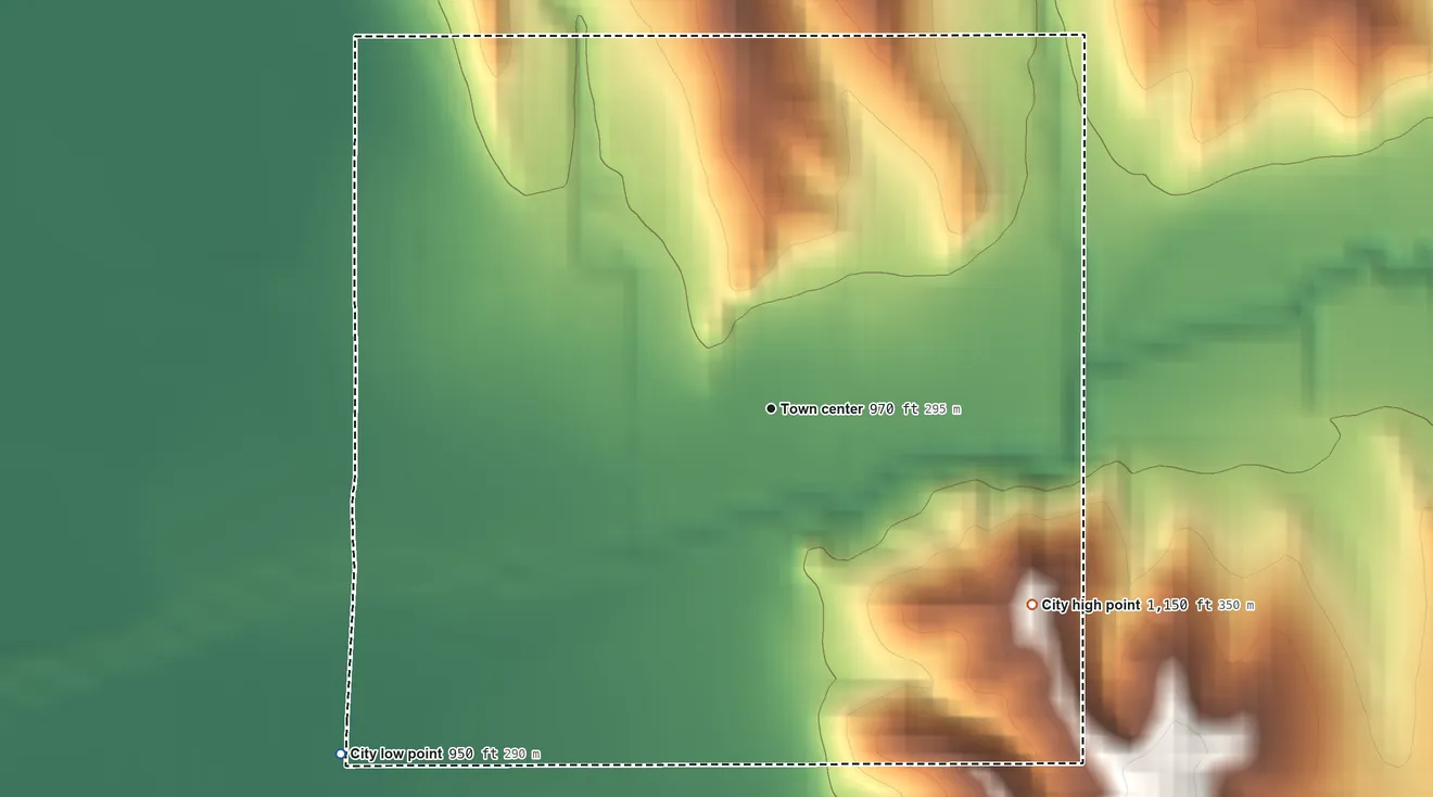 Topographic elevation map of Thurman, Iowa, shaded from 950 ft on the southwest side to 1,150 ft on the southeast side