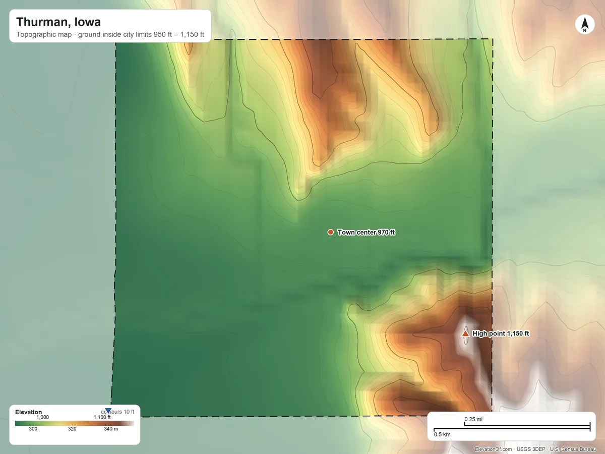 Topographic elevation map of Thurman, Iowa, shaded from 950 ft on the southwest side to 1,150 ft on the southeast side