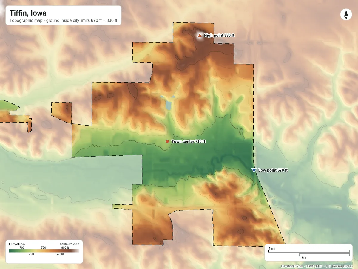 Topographic elevation map of Tiffin, Iowa, shaded from 670 ft on the east side to 830 ft on the north side