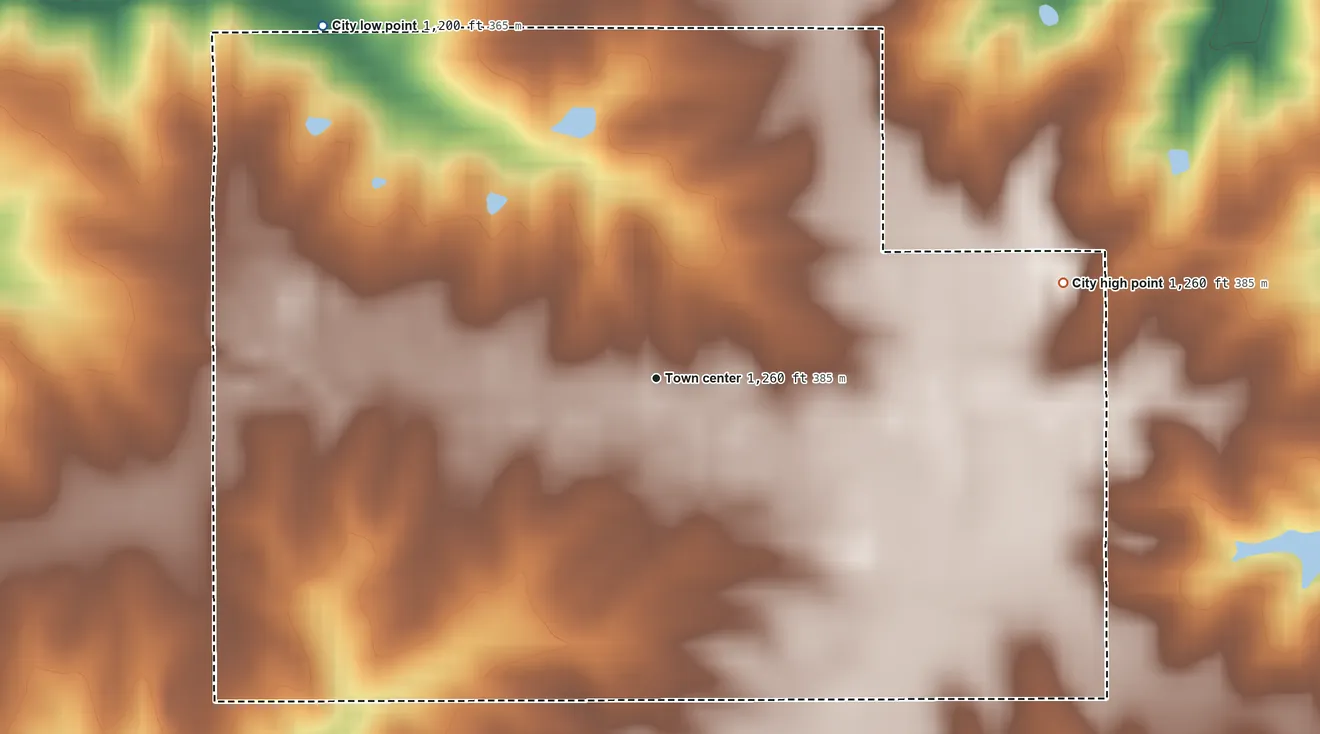 Topographic elevation map of Tingley, Iowa, shaded from 1,200 ft on the northwest side to 1,260 ft on the east side