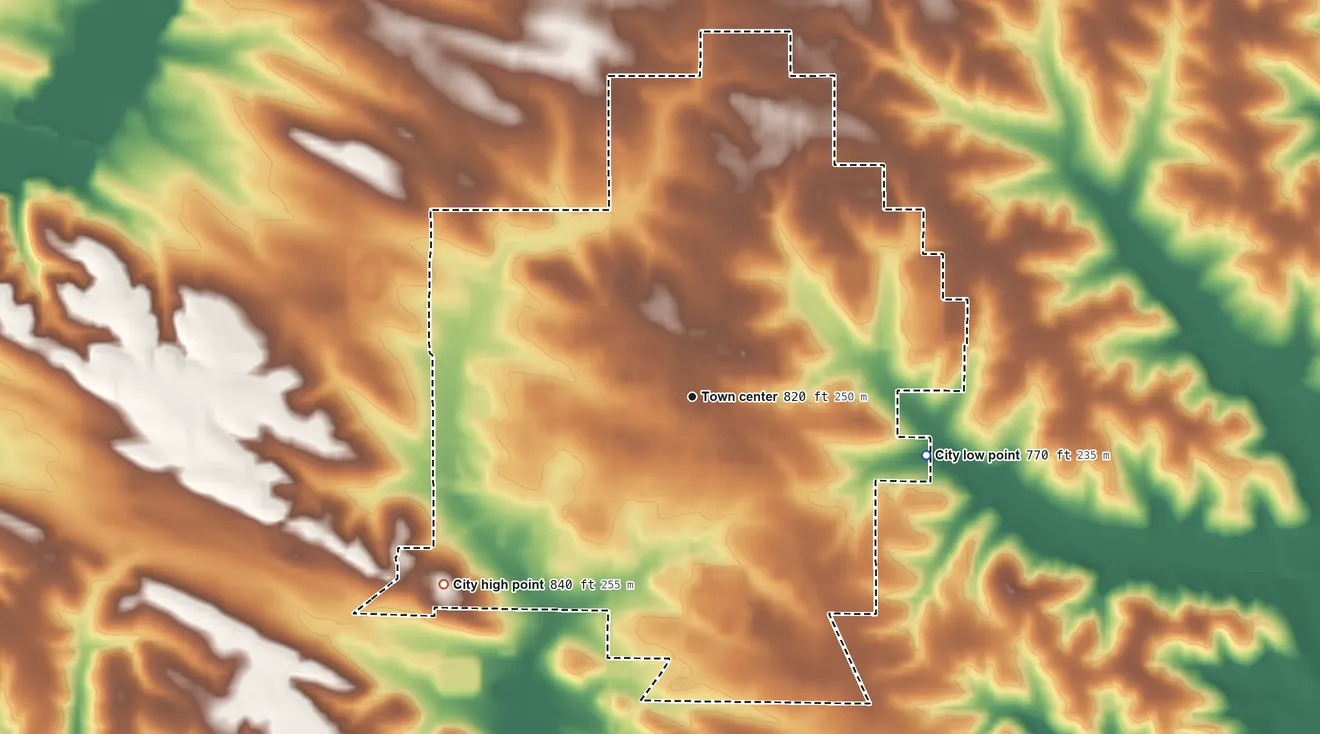 Topographic elevation map of Tipton, Iowa, shaded from 770 ft on the east side to 840 ft on the southwest side