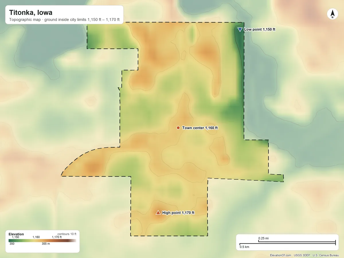 Topographic elevation map of Titonka, Iowa, shaded from 1,150 ft on the northeast side to 1,170 ft on the south side