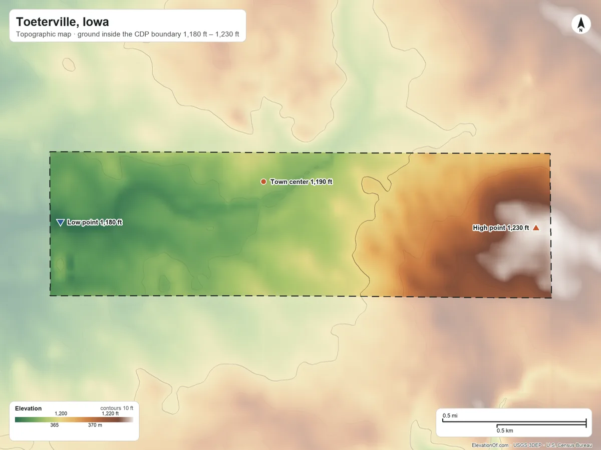 Topographic elevation map of Toeterville, Iowa, shaded from 1,180 ft on the west side to 1,230 ft on the east side