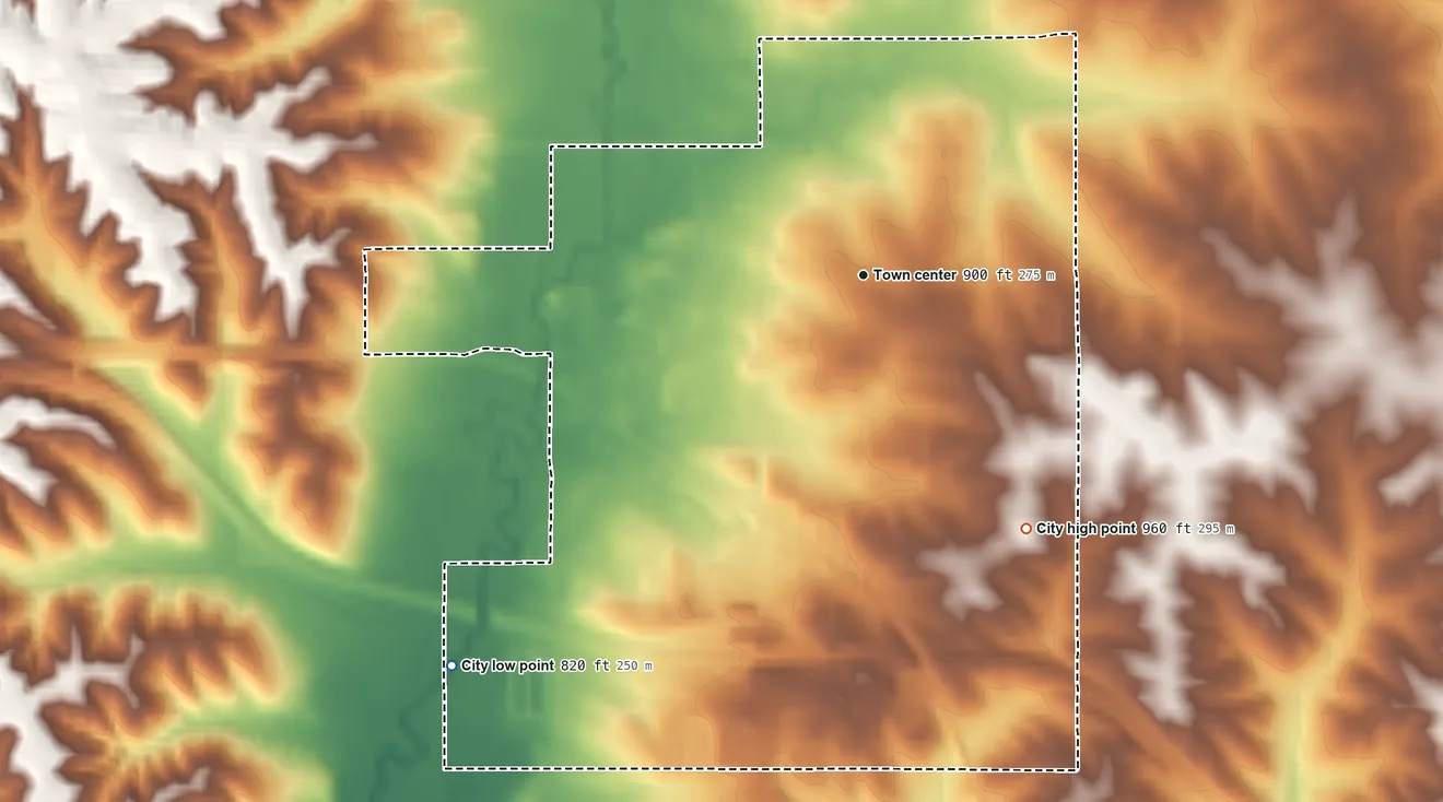 Topographic elevation map of Toledo, Iowa, shaded from 820 ft on the southwest side to 960 ft on the southeast side