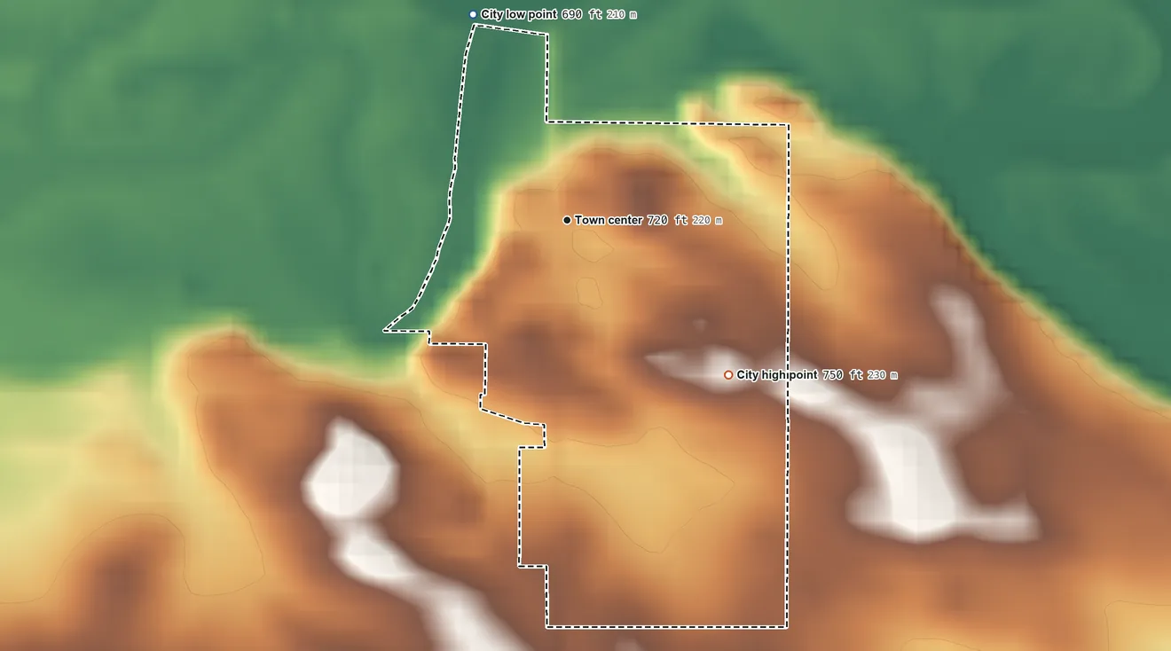 Topographic elevation map of Toronto, Iowa, shaded from 690 ft on the northwest side to 750 ft on the southeast side