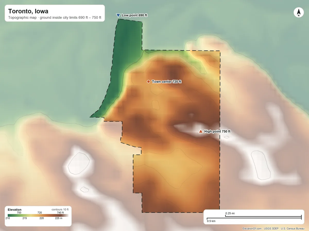 Topographic elevation map of Toronto, Iowa, shaded from 690 ft on the northwest side to 750 ft on the southeast side