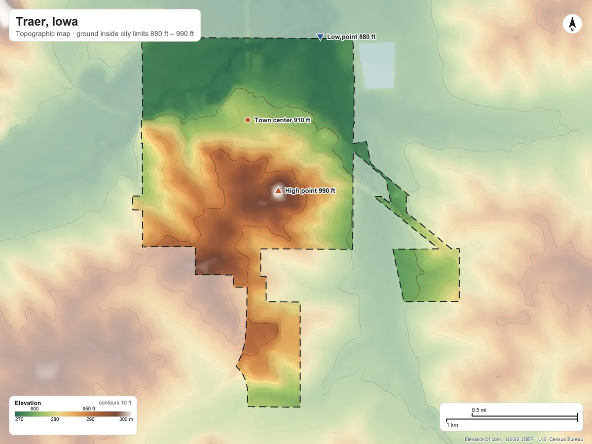 Topographic elevation map of Traer, Iowa, shaded from 880 ft on the northeast side to 990 ft on the southeast side