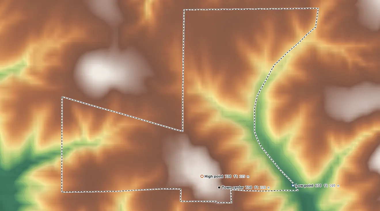 Topographic elevation map of Trenton, Iowa, shaded from 670 ft on the east side to 730 ft near the middle