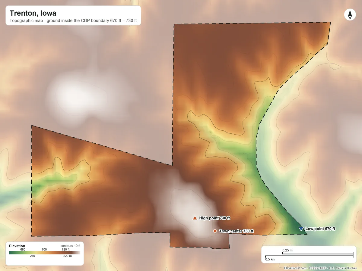 Topographic elevation map of Trenton, Iowa, shaded from 670 ft on the east side to 730 ft near the middle